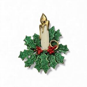 Vintage Christmas Candle Brooch Gold Tone Enamel Green Holly Traditional Sparkle